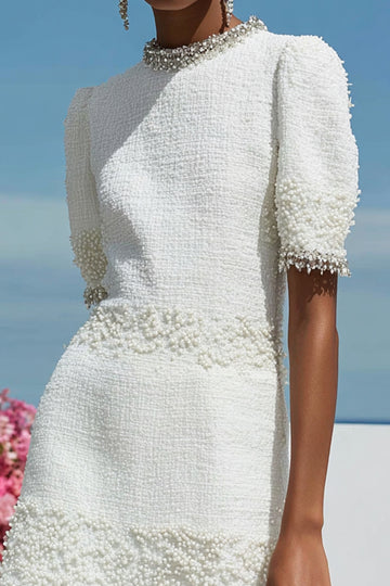 White A Line Round Neck Mini Dress with Beading